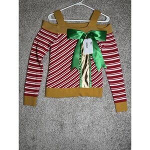 Ugly Christmas Sweater Gift Bow Candy Cane Striped Cold Shoulder M